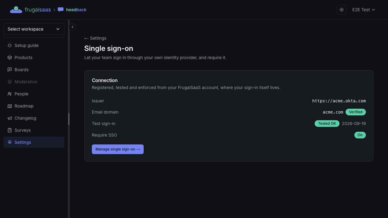 The heedback single sign-on settings card — issuer, verified email domain, test sign-in status, and whether SSO is required