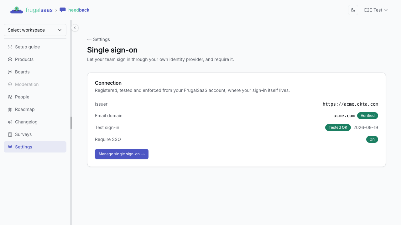 The heedback single sign-on settings card — issuer, verified email domain, test sign-in status, and whether SSO is required